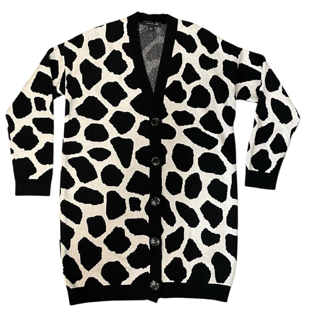 Ann Taylor Boyfriend Black/Light Tan Giraffe Print Knit Long Cardigan S NWOT - Picture 9 of 13